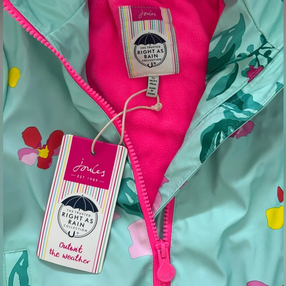 NWT Joules Teal Floral Rain Coat Jacket with Pink Fleece Interior